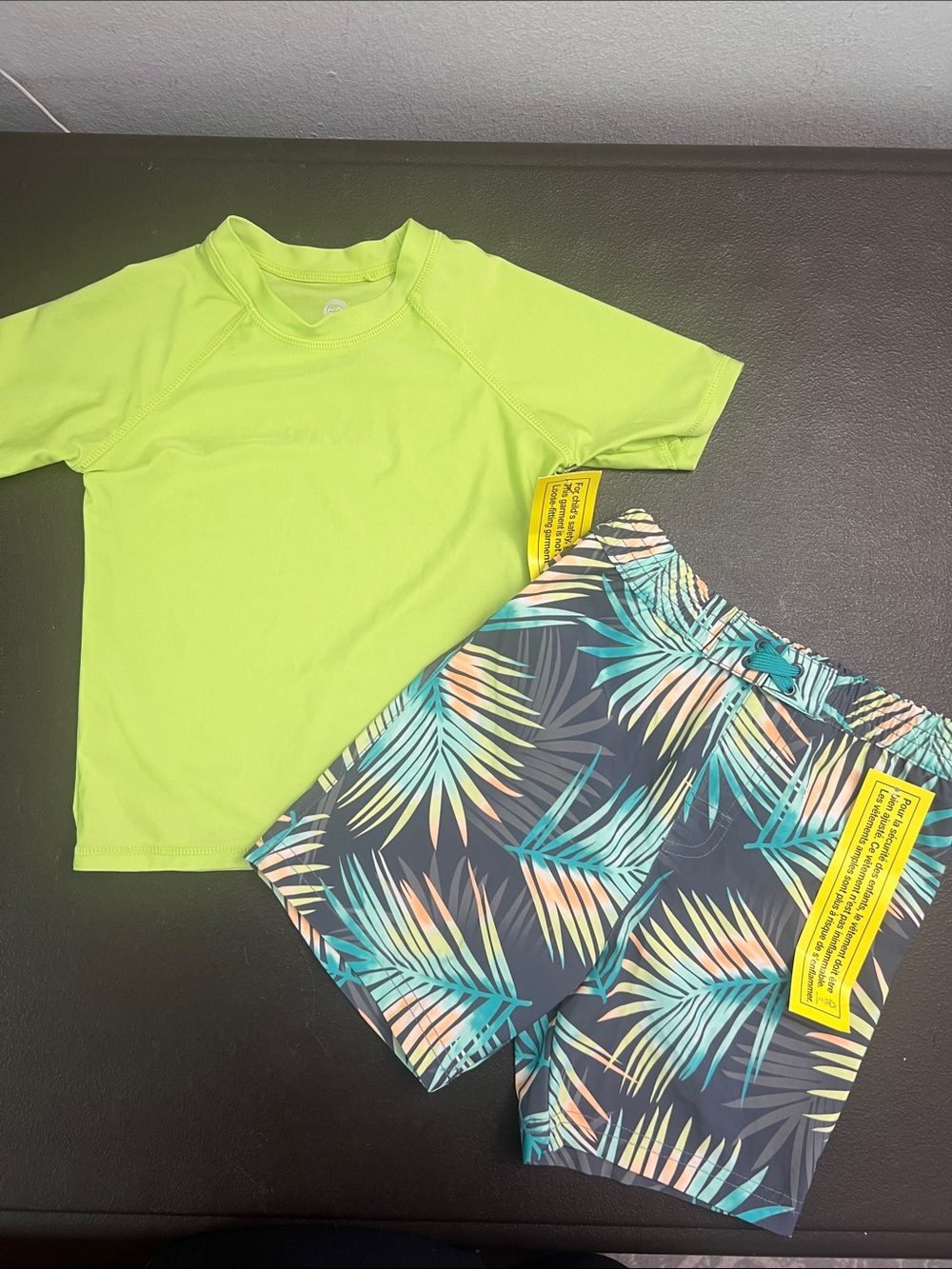 wonder nation Neon Lime Rash Guard with Tropical Print Swim Shorts
